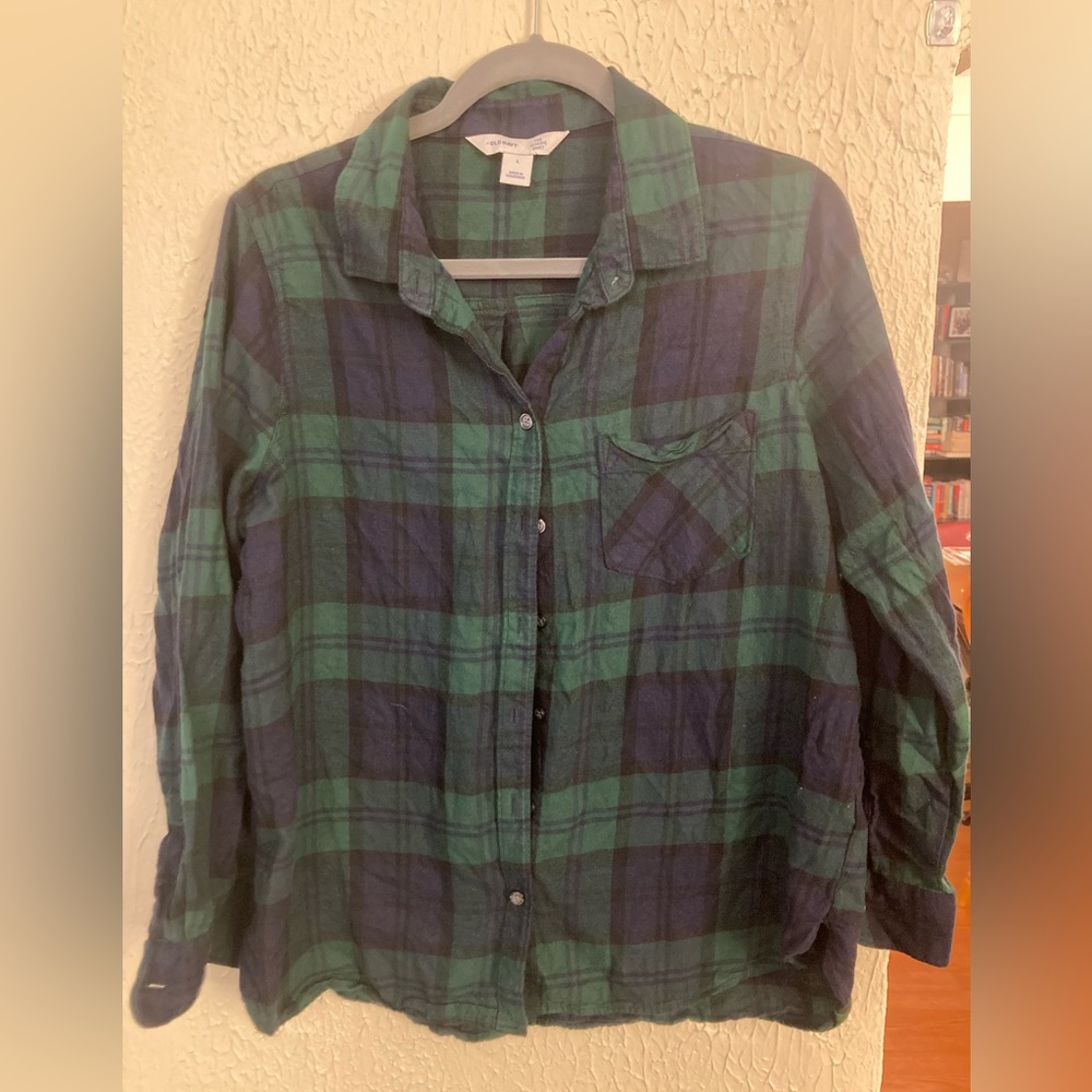 Old Navy Green and Navy The Classic Plaid Shirt Size Large